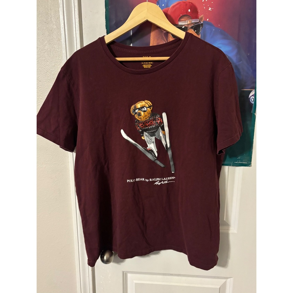 Polo Ralph Lauren Polo Bear Skiing T-Shirt Mens XL Maroon Burgundy Short Sleeve